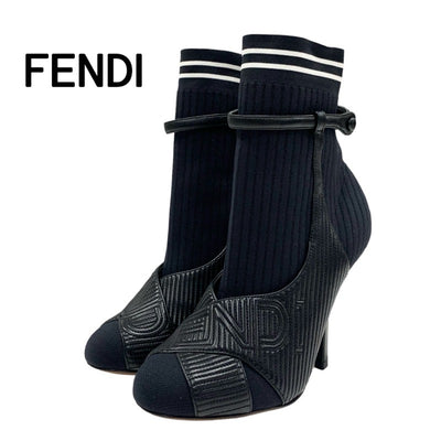 FENDI Rococo Boots Short Boots Shoes Fabric Leather Black White Black Logo Socks Boots