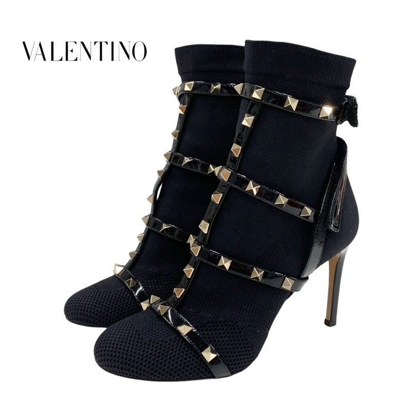 Valentino Boots, Short Boots, Shoes, Fabric, Patent, Black, Gold, Rock Studs, Knit