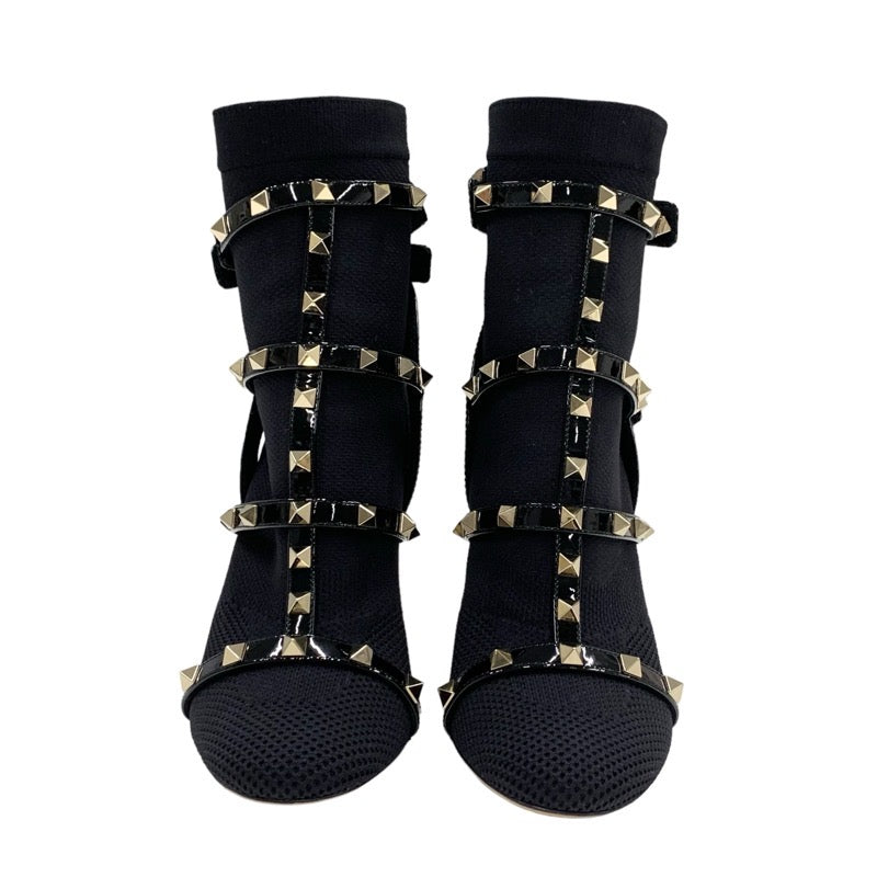 Valentino Boots, Short Boots, Shoes, Fabric, Patent, Black, Gold, Rock Studs, Knit