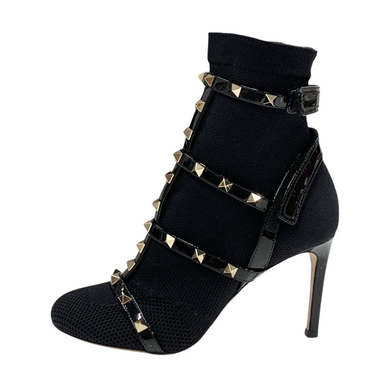 Valentino Boots, Short Boots, Shoes, Fabric, Patent, Black, Gold, Rock Studs, Knit