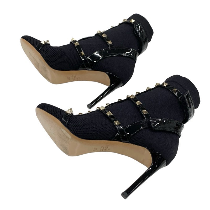 Valentino Boots, Short Boots, Shoes, Fabric, Patent, Black, Gold, Rock Studs, Knit