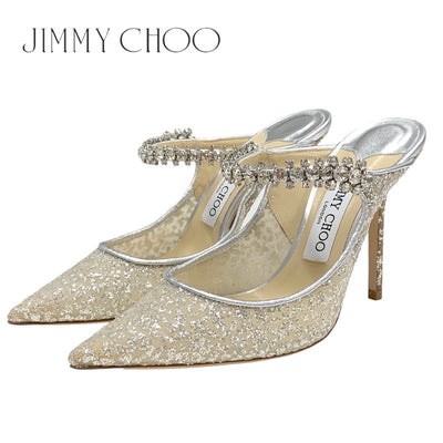 Jimmy Choo JIMMY CHOO Bing 100 Pumps Shoes Shoes Mesh Leather Silver Beige Bijoux Strap Glitter Mules Party Shoes