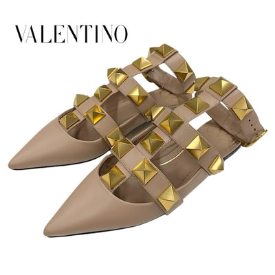 ヴァレンティノ VALENTINO フラットシューズ 靴 シューズ レザー ピンク ゴールド ローマンスタッズ アンクルストラップ フラットパンプス