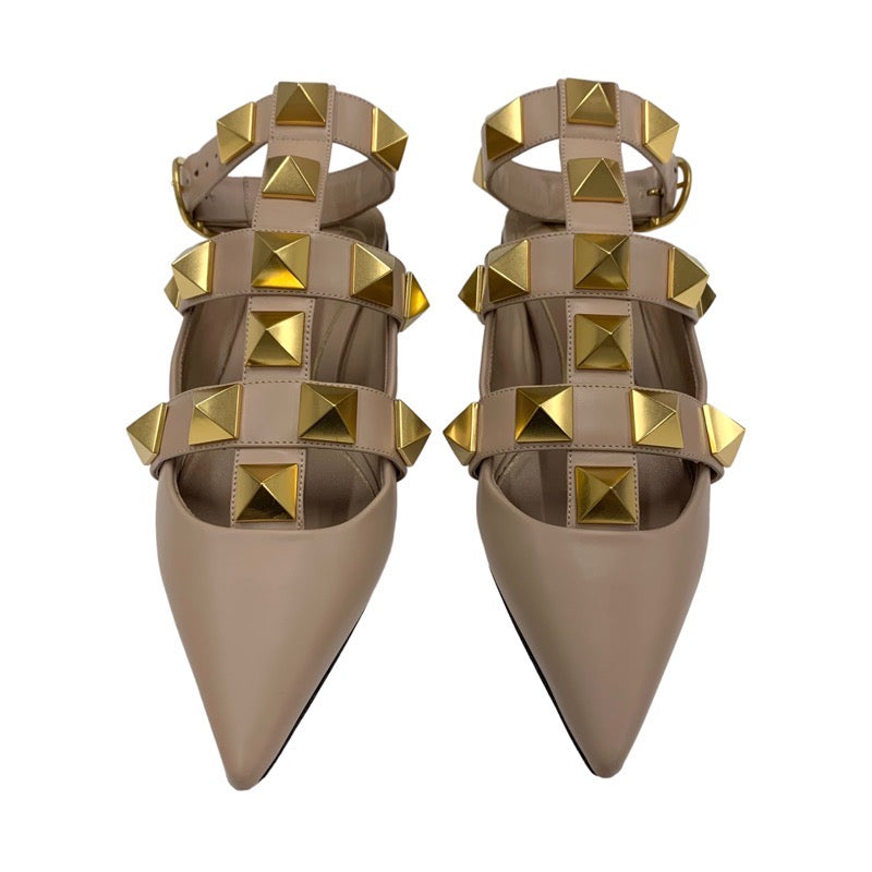 ヴァレンティノ VALENTINO フラットシューズ 靴 シューズ レザー ピンク ゴールド ローマンスタッズ アンクルストラップ フラットパンプス