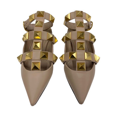 ヴァレンティノ VALENTINO フラットシューズ 靴 シューズ レザー ピンク ゴールド ローマンスタッズ アンクルストラップ フラットパンプス