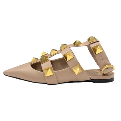 ヴァレンティノ VALENTINO フラットシューズ 靴 シューズ レザー ピンク ゴールド ローマンスタッズ アンクルストラップ フラットパンプス