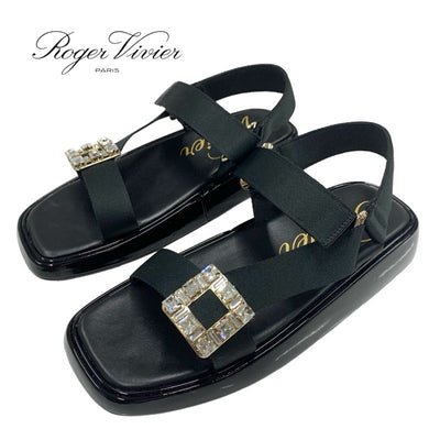 Roger Vivier Sandals Shoes Patent Fabric Black Strath Buckle Bijoux