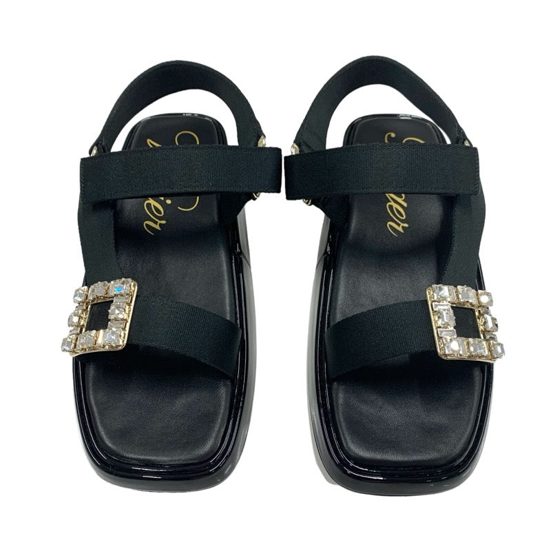 Roger Vivier Sandals Shoes Patent Fabric Black Strath Buckle Bijoux