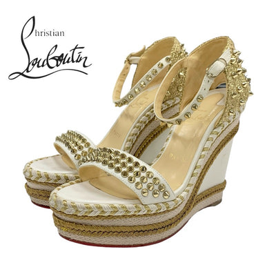 Christian Louboutin Mademonica Sandals Shoes Leather White Gold Spikes Studded Wedge Sole