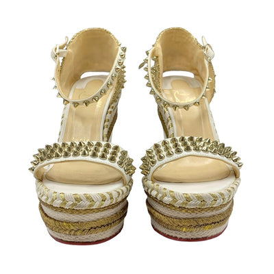 Christian Louboutin Mademonica Sandals Shoes Leather White Gold Spikes Studded Wedge Sole