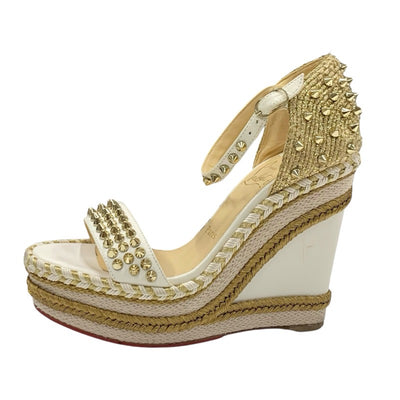 Christian Louboutin Mademonica Sandals Shoes Leather White Gold Spikes Studded Wedge Sole