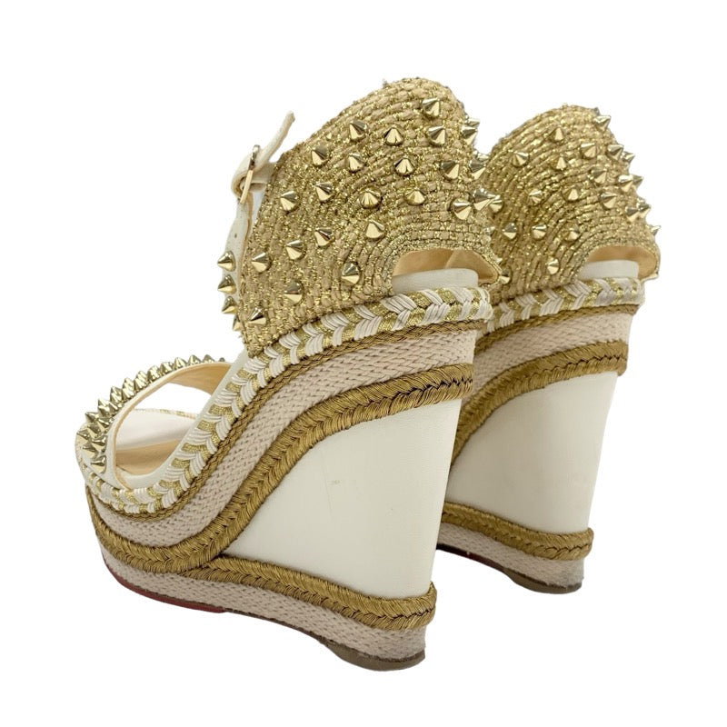 Christian Louboutin Mademonica Sandals Shoes Leather White Gold Spikes Studded Wedge Sole