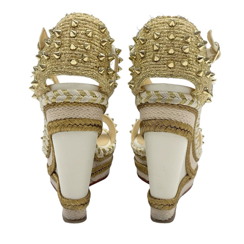 Christian Louboutin Mademonica Sandals Shoes Leather White Gold Spikes Studded Wedge Sole