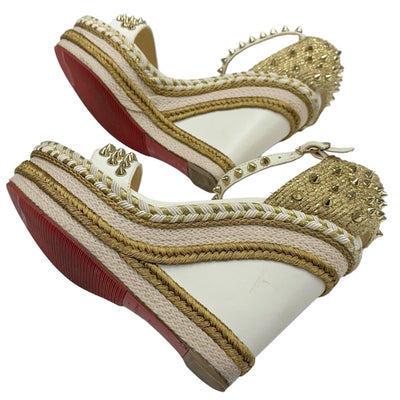 Christian Louboutin Mademonica Sandals Shoes Leather White Gold Spikes Studded Wedge Sole