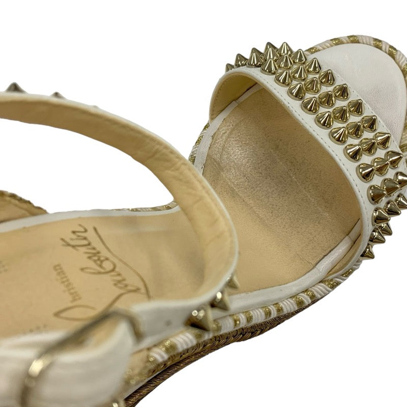 Christian Louboutin Mademonica Sandals Shoes Leather White Gold Spikes Studded Wedge Sole