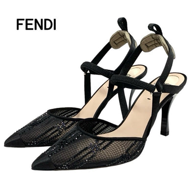 FENDI Colibrilite pumps shoes mesh satin black unused rhinestone strap