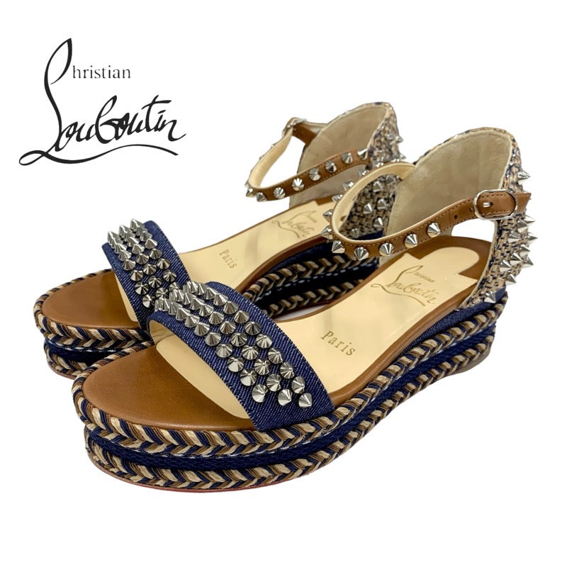 Christian Louboutin Mademonica Sandals Shoes Denim Leather Brown Navy Silver Spikes Studs