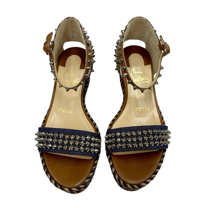 Christian Louboutin Mademonica Sandals Shoes Denim Leather Brown Navy Silver Spikes Studs