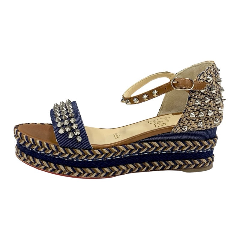 Christian Louboutin Mademonica Sandals Shoes Denim Leather Brown Navy Silver Spikes Studs