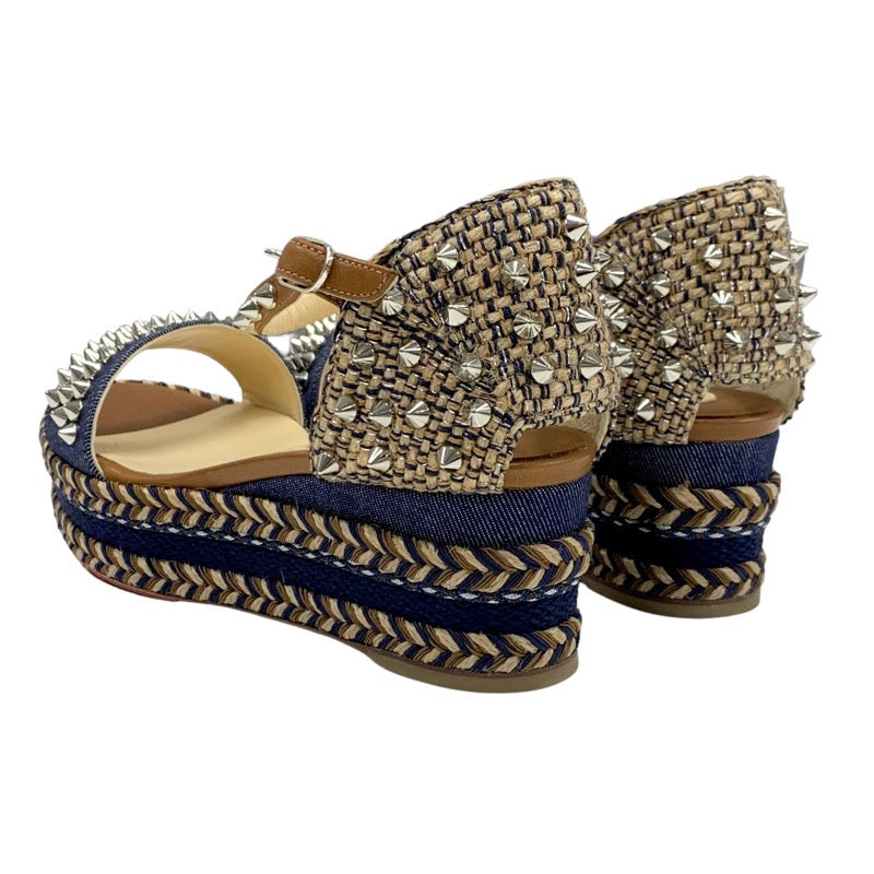 Christian Louboutin Mademonica Sandals Shoes Denim Leather Brown Navy Silver Spikes Studs