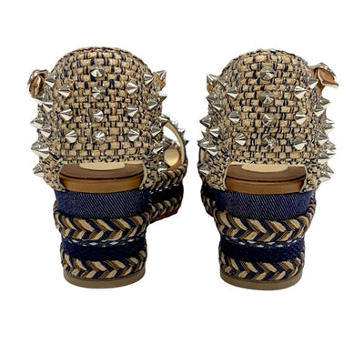 Christian Louboutin Mademonica Sandals Shoes Denim Leather Brown Navy Silver Spikes Studs