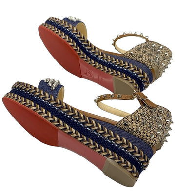 Christian Louboutin Mademonica Sandals Shoes Denim Leather Brown Navy Silver Spikes Studs