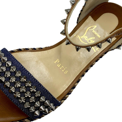 Christian Louboutin Mademonica Sandals Shoes Denim Leather Brown Navy Silver Spikes Studs