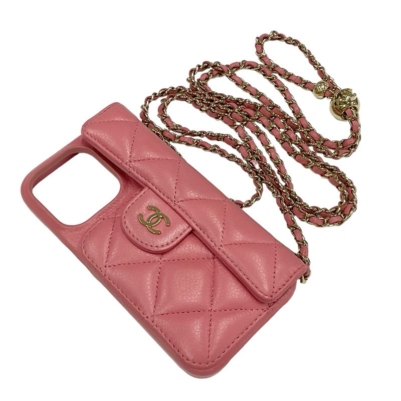 Chanel Mobile/Smartphone Accessories Pink Gold Coco Mark Matelasse iPhone14pro iPhone Case Chain