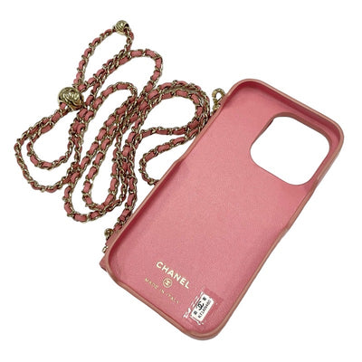 Chanel Mobile/Smartphone Accessories Pink Gold Coco Mark Matelasse iPhone14pro iPhone Case Chain