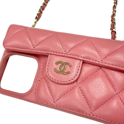 Chanel Mobile/Smartphone Accessories Pink Gold Coco Mark Matelasse iPhone14pro iPhone Case Chain