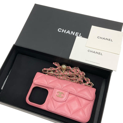 Chanel Mobile/Smartphone Accessories Pink Gold Coco Mark Matelasse iPhone14pro iPhone Case Chain