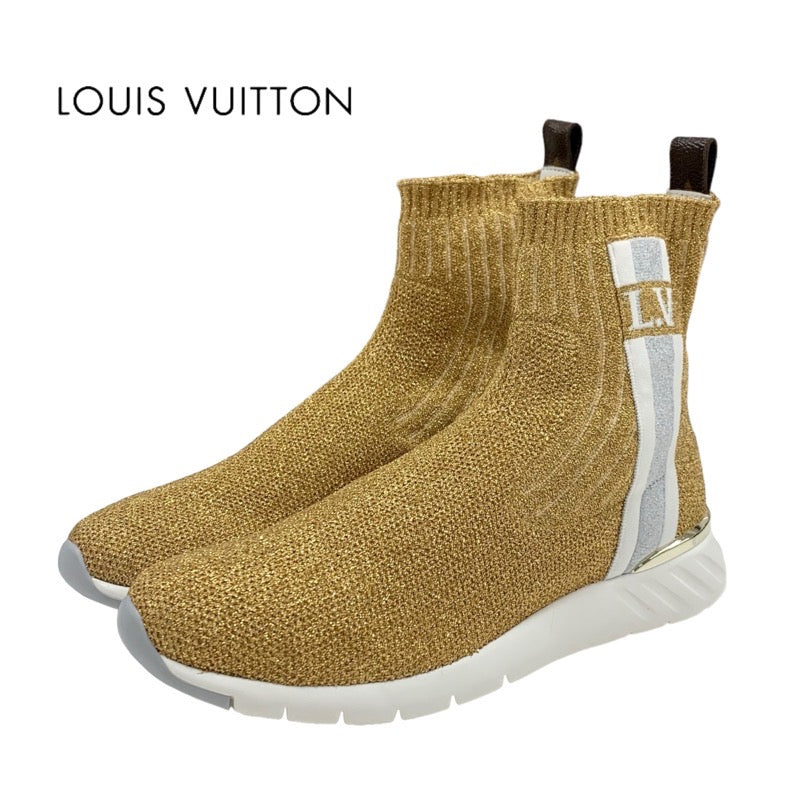 ルイヴィトン LOUIS VUITTON アフターゲームライン スニーカー 靴 シューズ ファブリック ゴールド ホワイト 未使用 ラメ ソックススニーカー ロゴ ニット