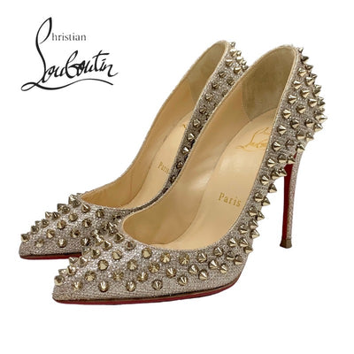 クリスチャンルブタン Christian Louboutin パンプス 靴 シューズ レザー ベージュ ゴールド スパイク スタッズ グリッター