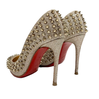 クリスチャンルブタン Christian Louboutin パンプス 靴 シューズ レザー ベージュ ゴールド スパイク スタッズ グリッター