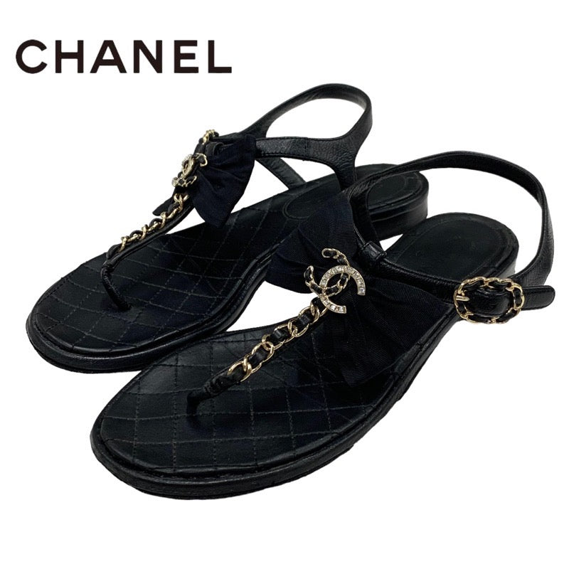 シャネル CHANEL サンダル 靴 シューズ レザー ブラック 黒 ゴールド トングサンダル フラットサンダル チェーン ココマーク リボン