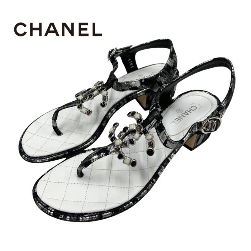 Chanel Sandals Shoes Fabric Leather Black White Silver Black Coco Mark Tong Sandals