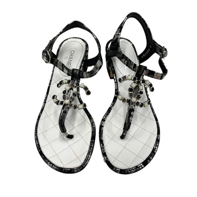 Chanel Sandals Shoes Fabric Leather Black White Silver Black Coco Mark Tong Sandals