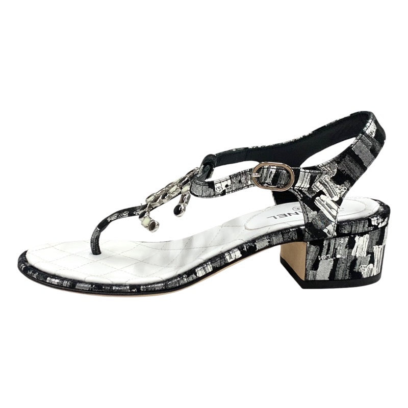 Chanel Sandals Shoes Fabric Leather Black White Silver Black Coco Mark Tong Sandals