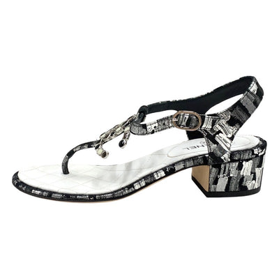 Chanel Sandals Shoes Fabric Leather Black White Silver Black Coco Mark Tong Sandals