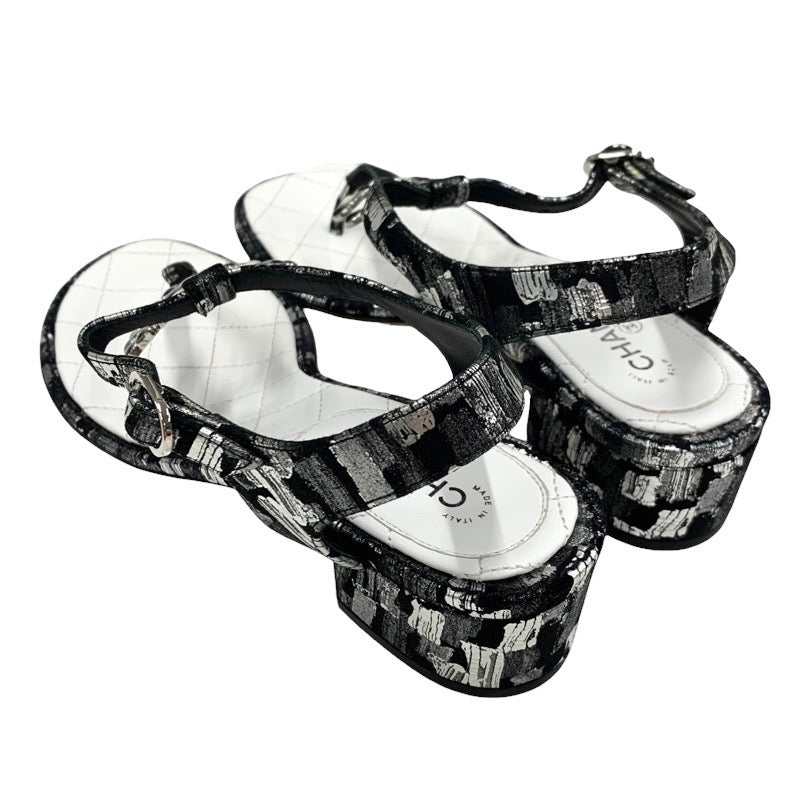 Chanel Sandals Shoes Fabric Leather Black White Silver Black Coco Mark Tong Sandals