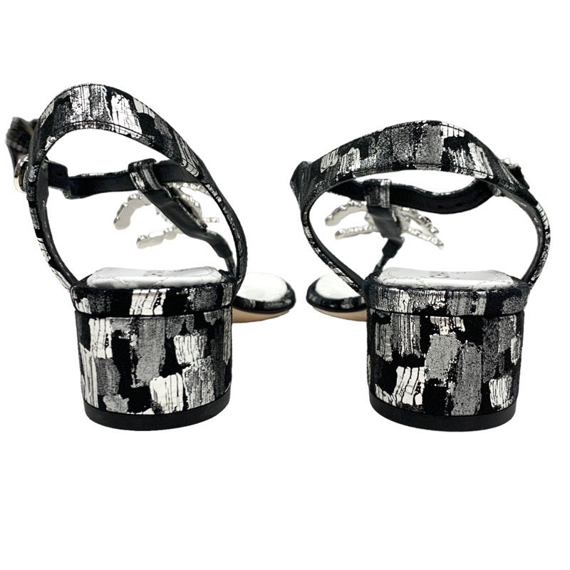 Chanel Sandals Shoes Fabric Leather Black White Silver Black Coco Mark Tong Sandals