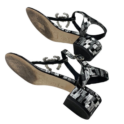 Chanel Sandals Shoes Fabric Leather Black White Silver Black Coco Mark Tong Sandals