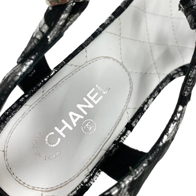 Chanel Sandals Shoes Fabric Leather Black White Silver Black Coco Mark Tong Sandals