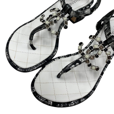 Chanel Sandals Shoes Fabric Leather Black White Silver Black Coco Mark Tong Sandals