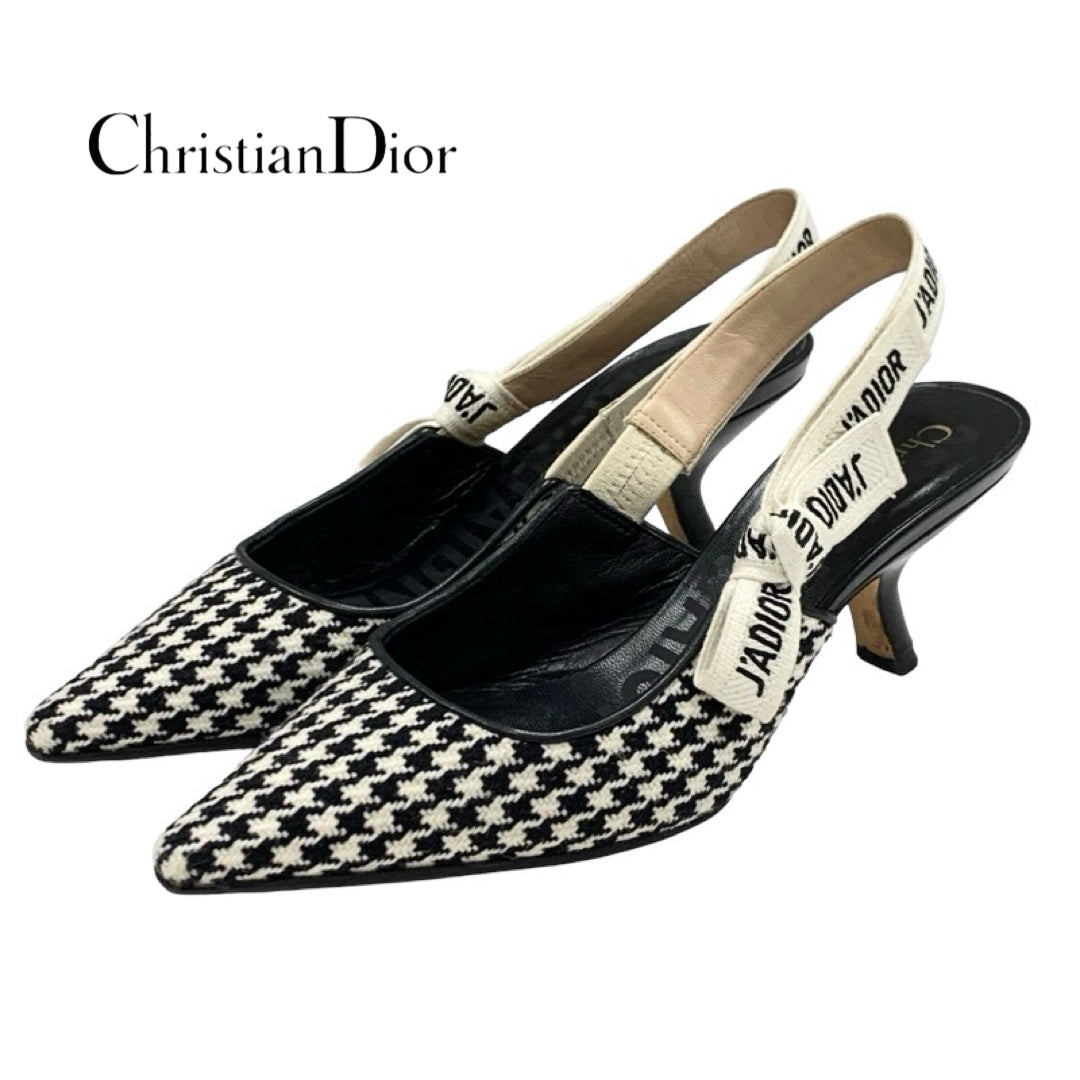 クリスチャンディオール CHRISTIAN DIOR JADIOR パンプス 靴 シューズ ウール レザー ブラック ホワイト 千鳥格子 ロゴ スリングバック サンダル