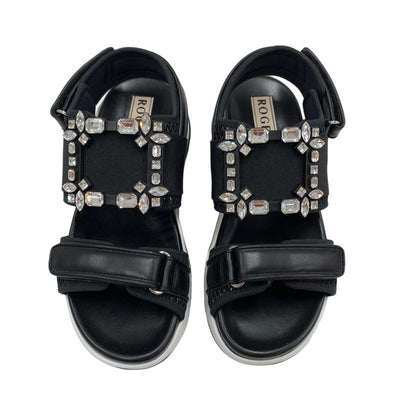 Roger Vivier Vivier Sandals Shoes Leather Fabric Black Strath Buckle Bijoux