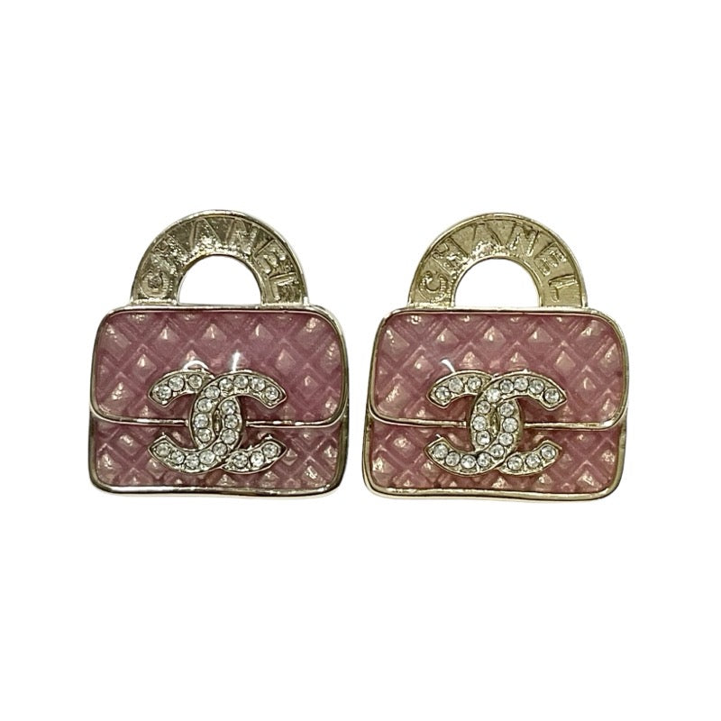 Chanel Earrings Gold Pink Coco Mark Logo Bag Matelasse