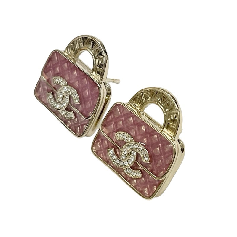 Chanel Earrings Gold Pink Coco Mark Logo Bag Matelasse