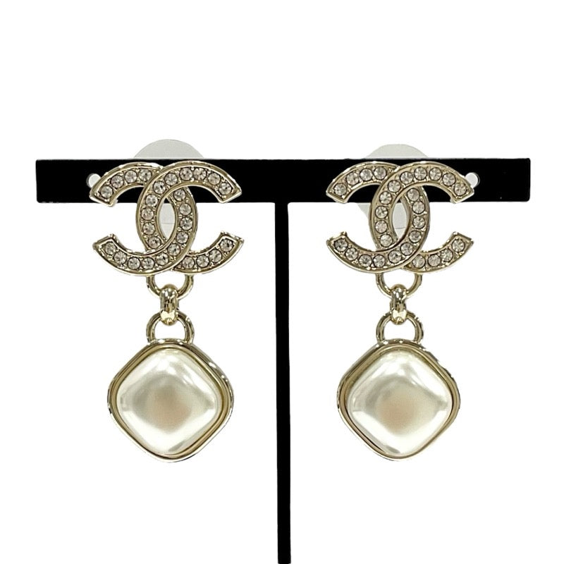 Chanel Earrings Gold Coco Mark Rhinestone Pearl