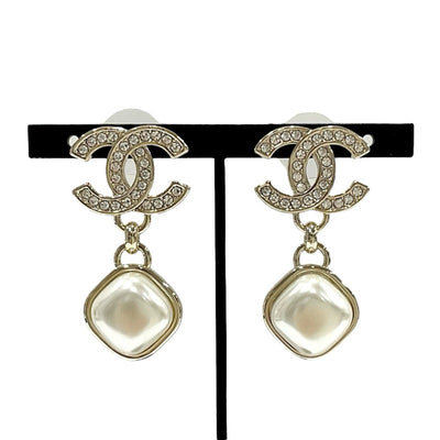 Chanel Earrings Gold Coco Mark Rhinestone Pearl